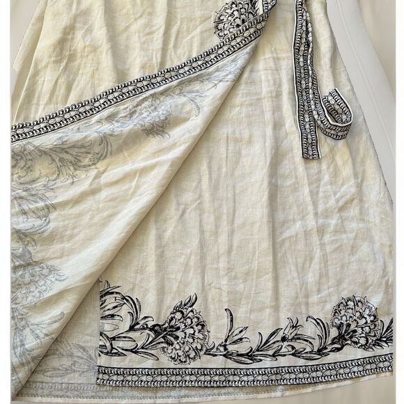 Max Studio Faux Wrap Midi Skirt Linen Blend Beige Black Floral Borders Size XL - Picture 5 of 10